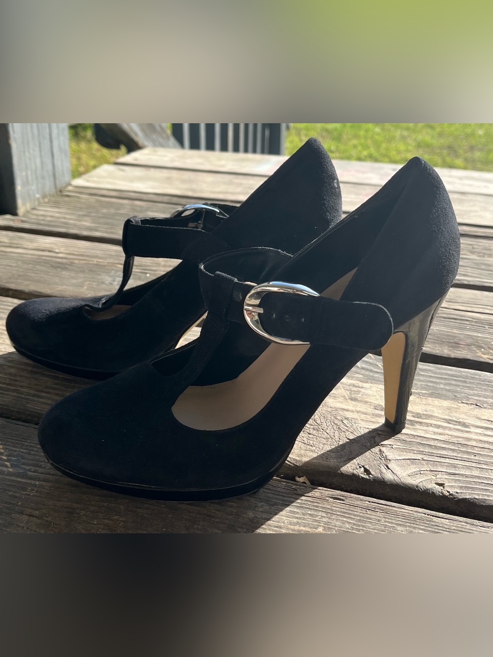 Franco Sarto Black Suede Mary Jane Heels with Silver Buckle